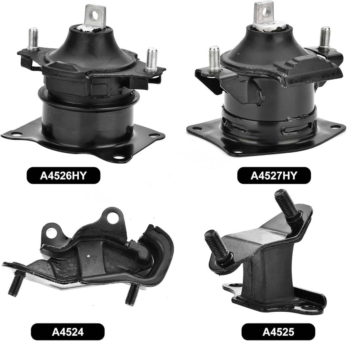 Set of black engine and transmission mounts with rubber isolators and metal studs