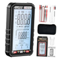Black digital multimeter with LCD display and red/black test leads kit