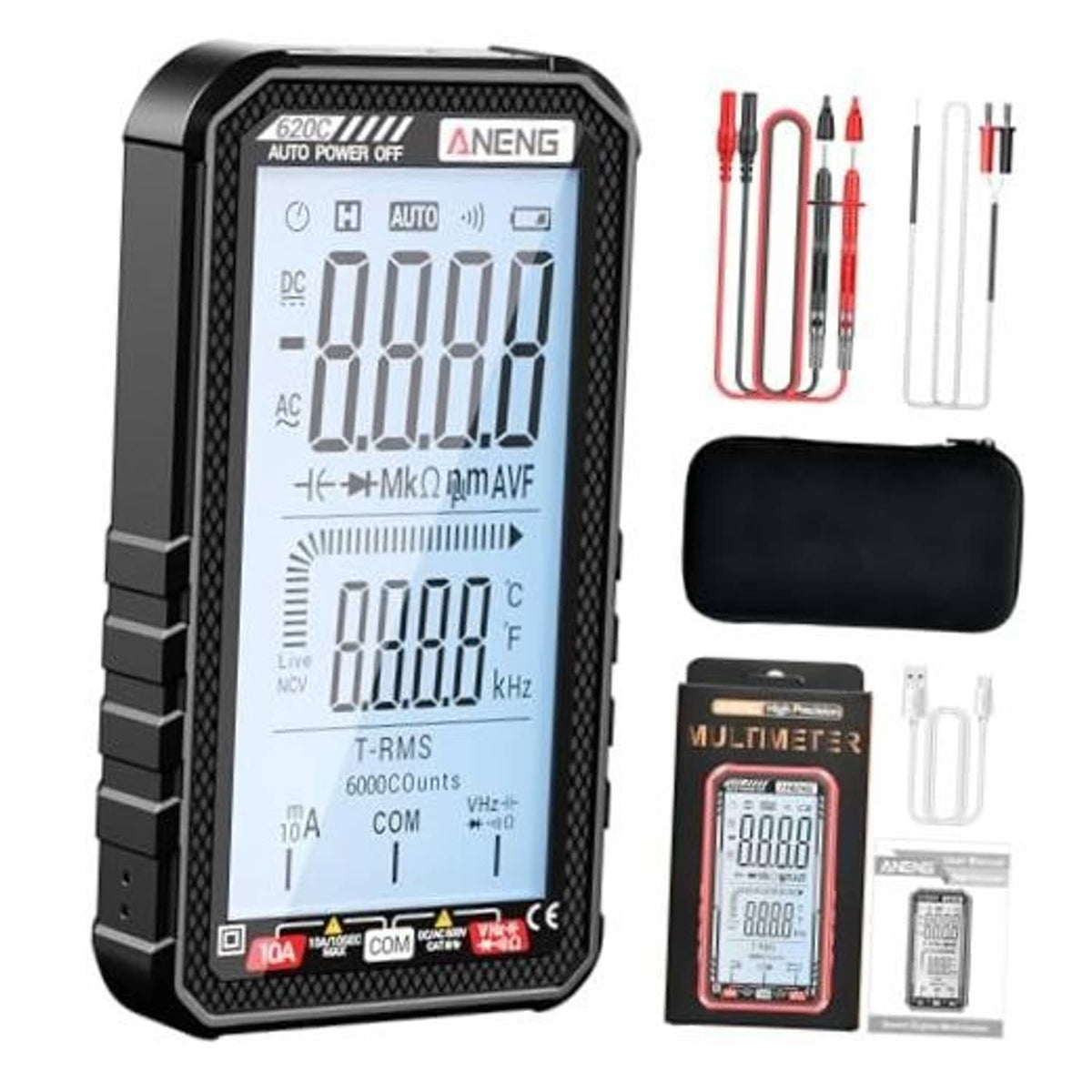 Black digital multimeter with LCD display and red/black test leads kit