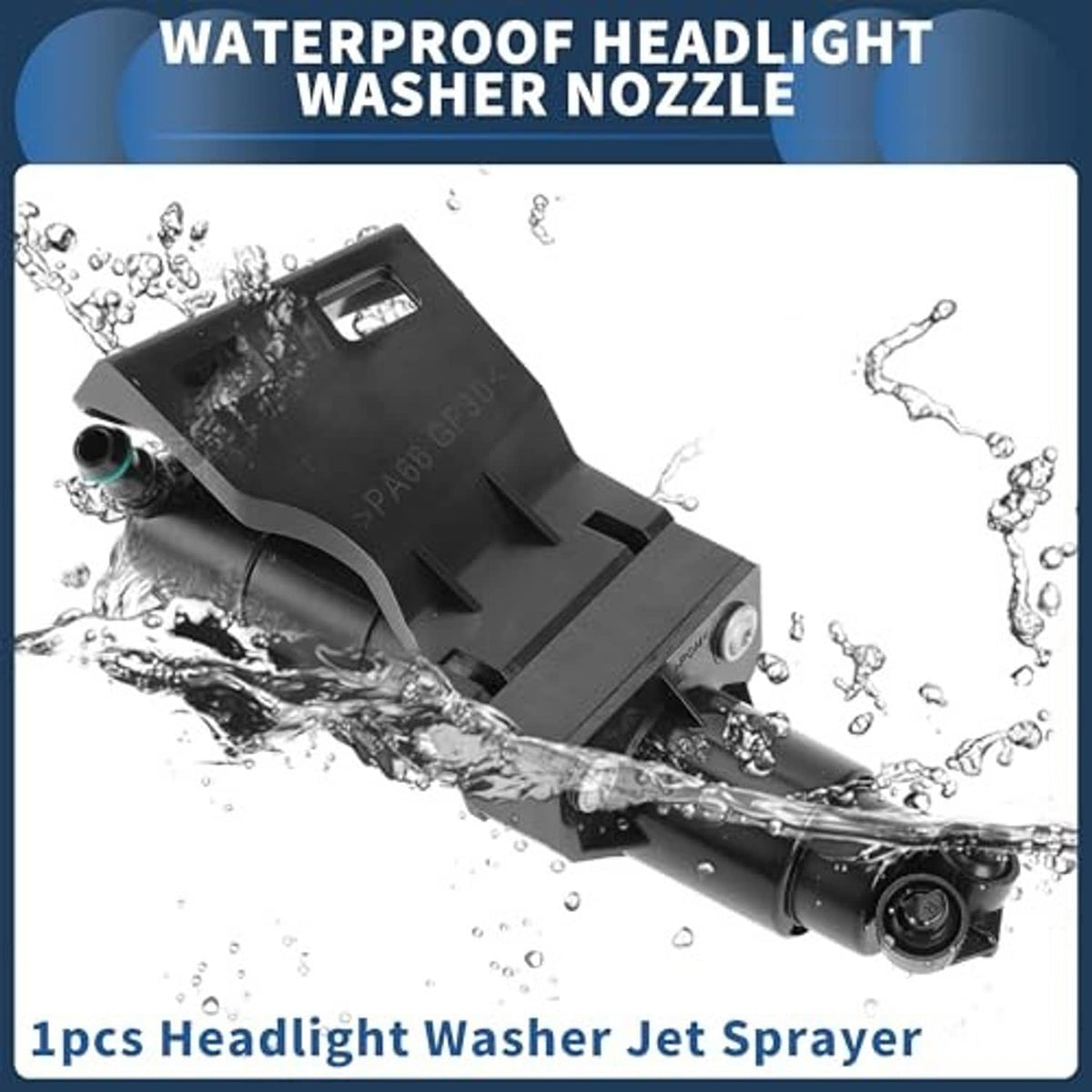 Headlight washer nozzle jet, black plastic mount, with water-spray splash graphic.