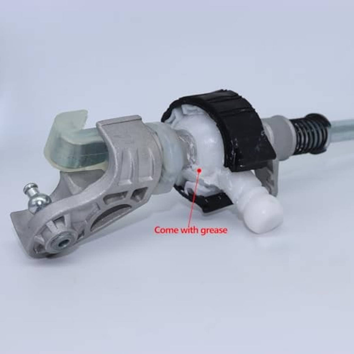 Gear shifter selector lever bushing with black boot, white insulator, and metal shaft