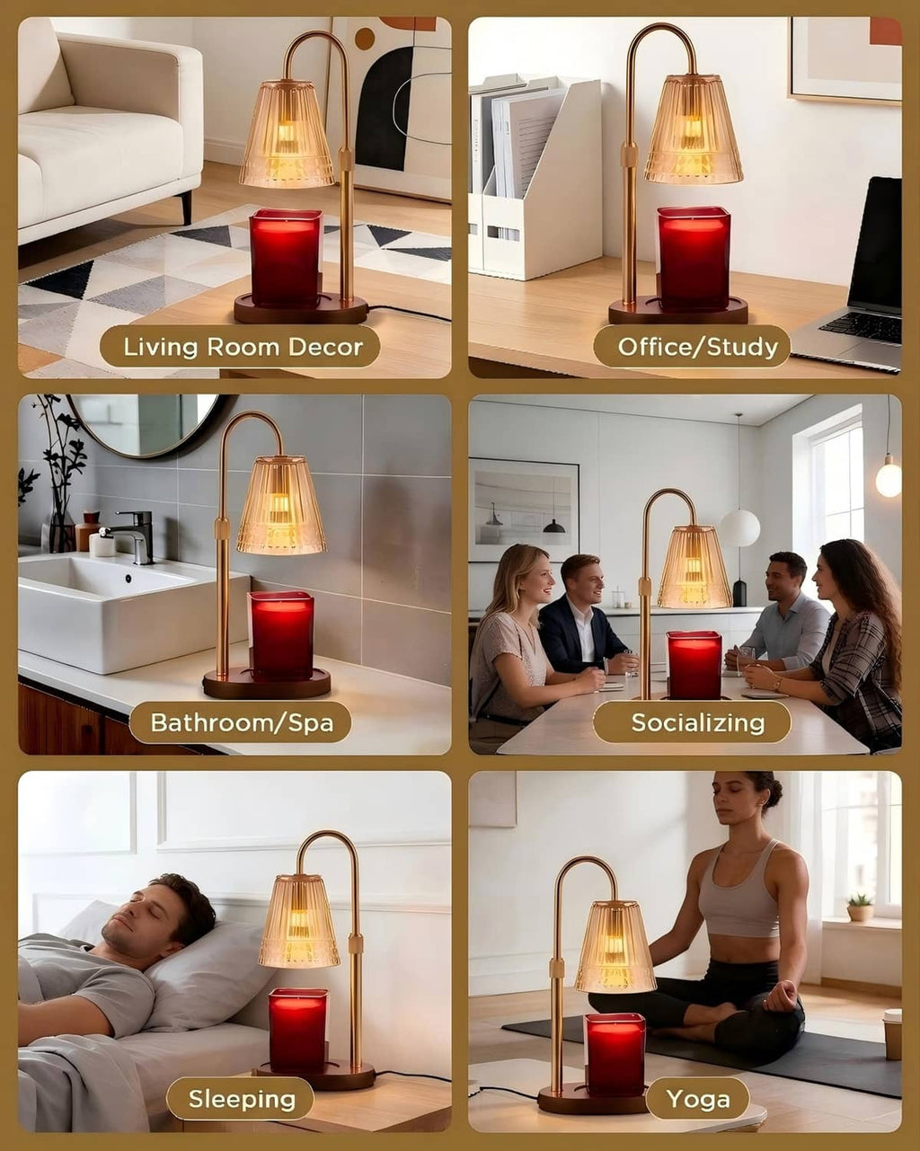 Candle warmer lamp shown for room use, with a red heated candle jar and stand
