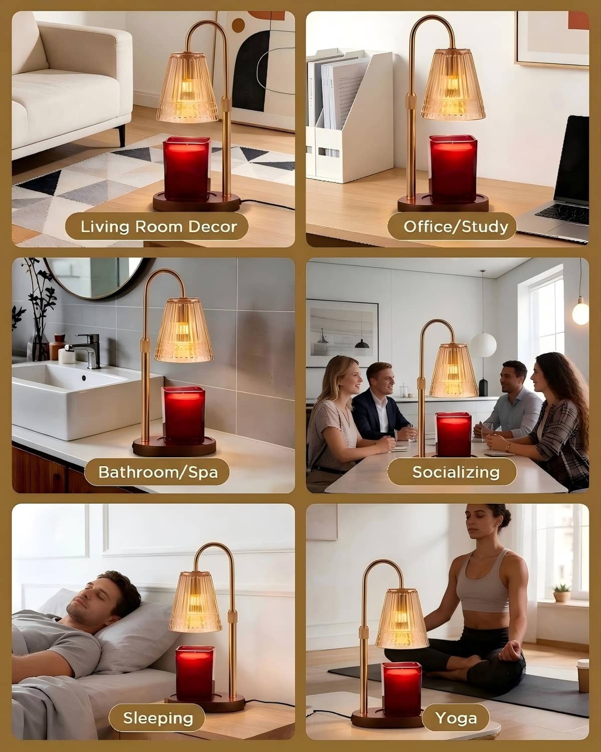Candle warmer lamp shown for room use, with a red heated candle jar and stand