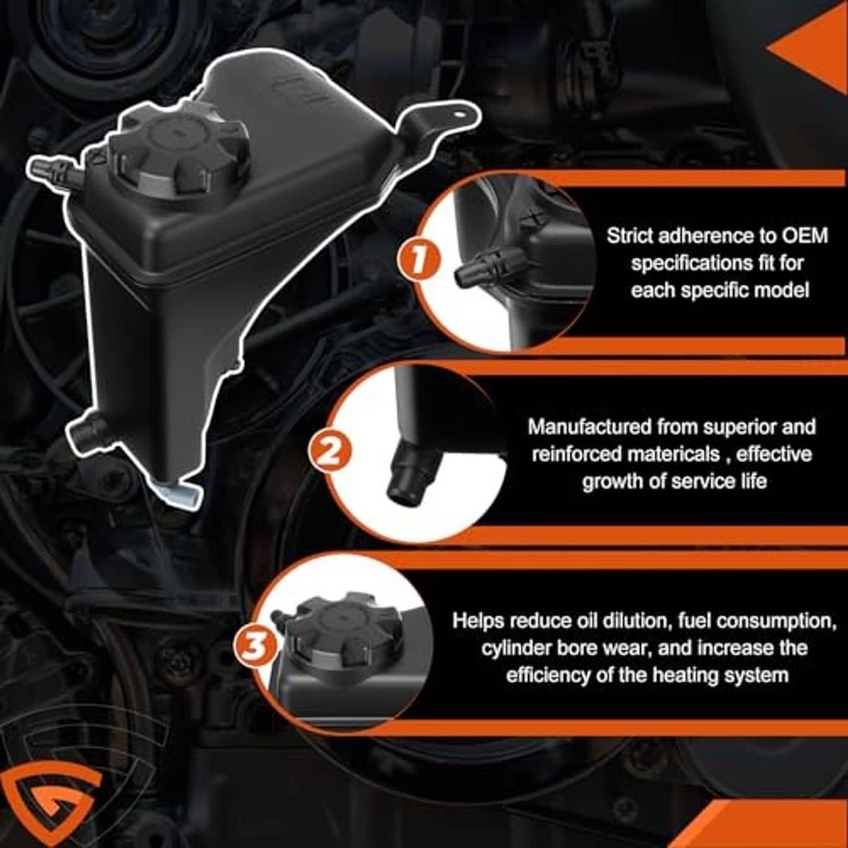 Coolant reservoir tank diagram with mounting posts and sensor detail callouts