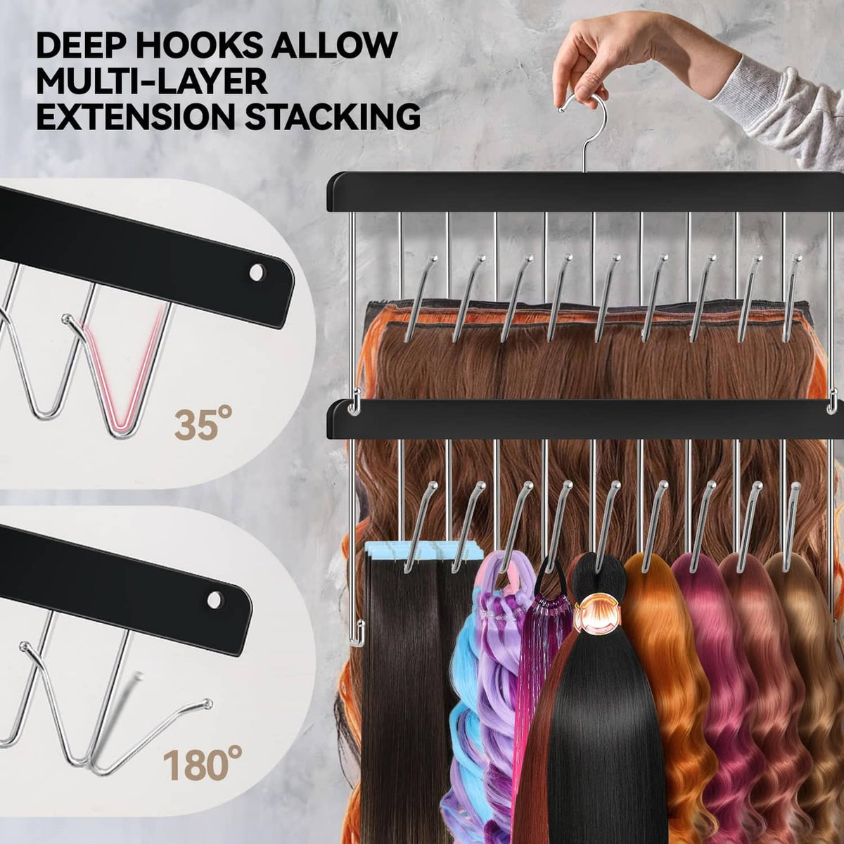 Black hair extension holder with multi-layer stacking and angled hooks for extensions