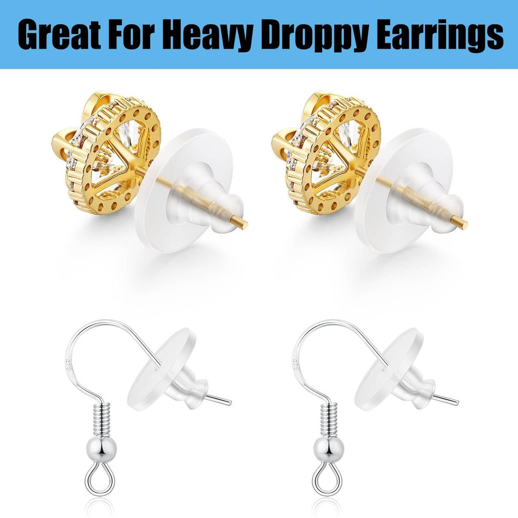 Clear silicone earring backs with snap discs on stud earrings, central post fit