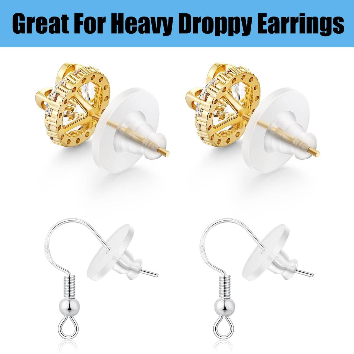 Clear silicone earring backs with snap discs on stud earrings, central post fit