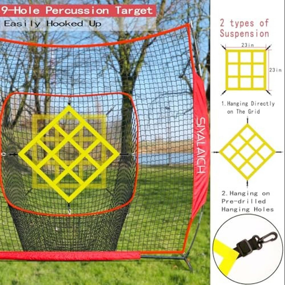 Baseball target net with red frame and yellow grid target, shown outdoors