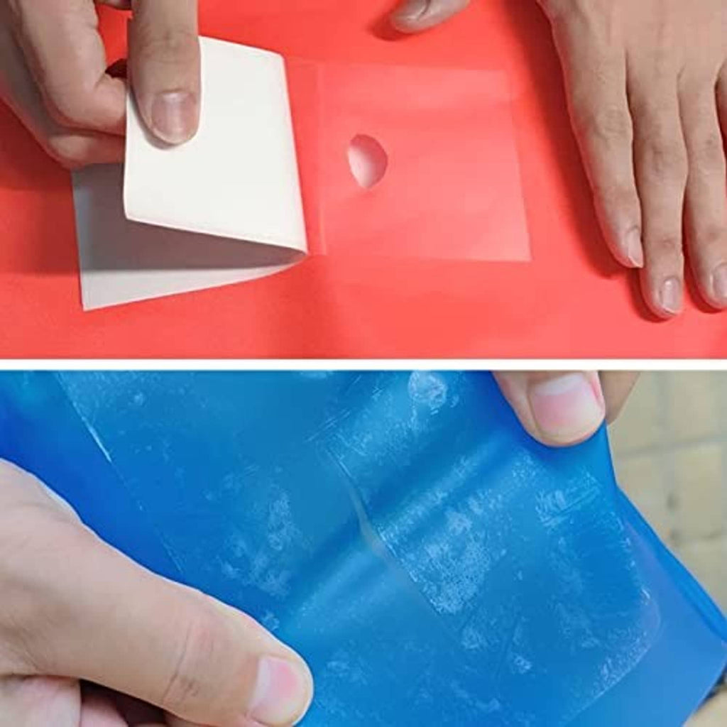 TPU repair tape patch being placed over a tear on a red inflatable surface