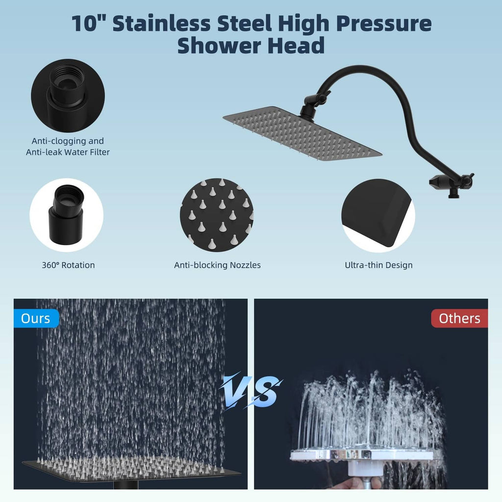 10-inch matte black high-pressure square shower head with anti-clog nozzles