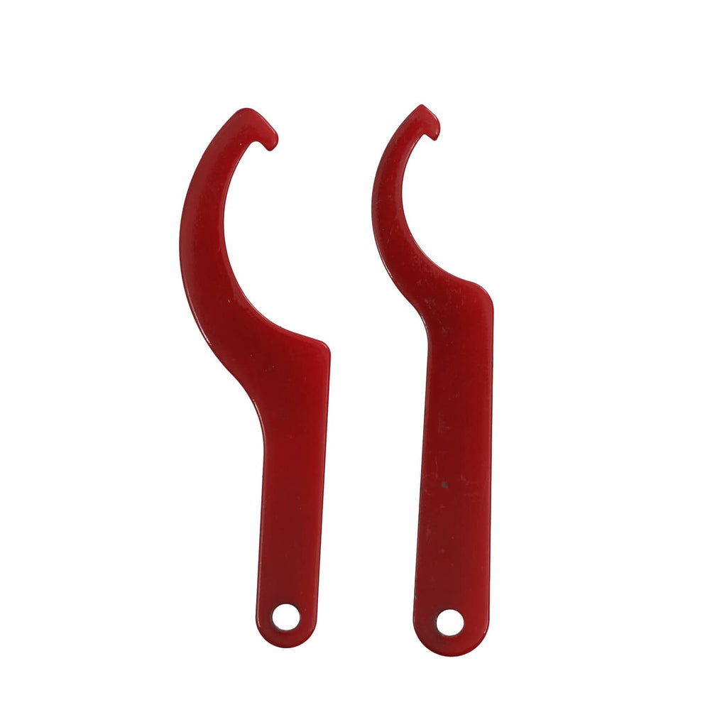 Pair of red metal spring hooks with mounting holes
