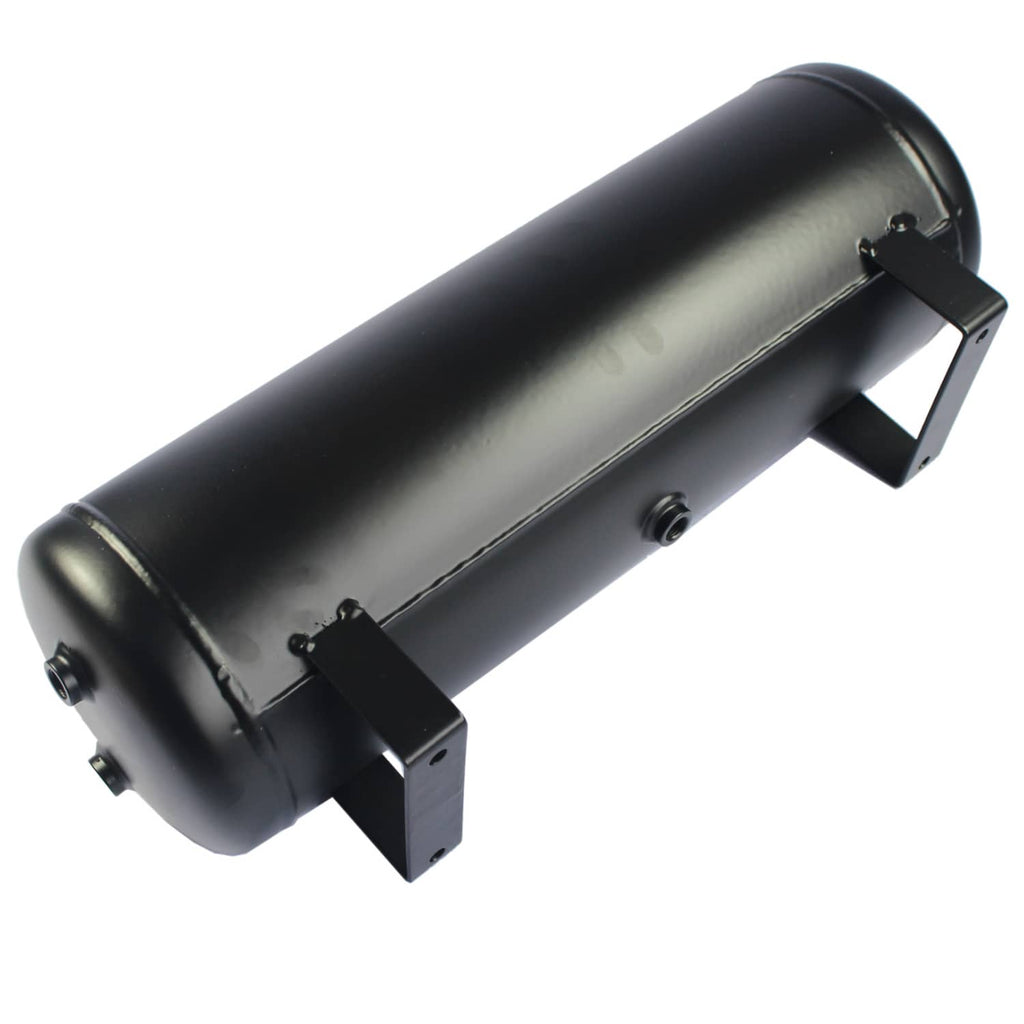 Black onboard air compressor tank with mounting brackets and outlet port