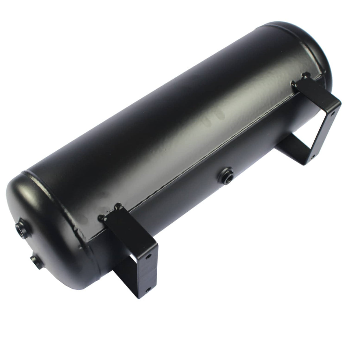 Black onboard air compressor tank with mounting brackets and outlet port