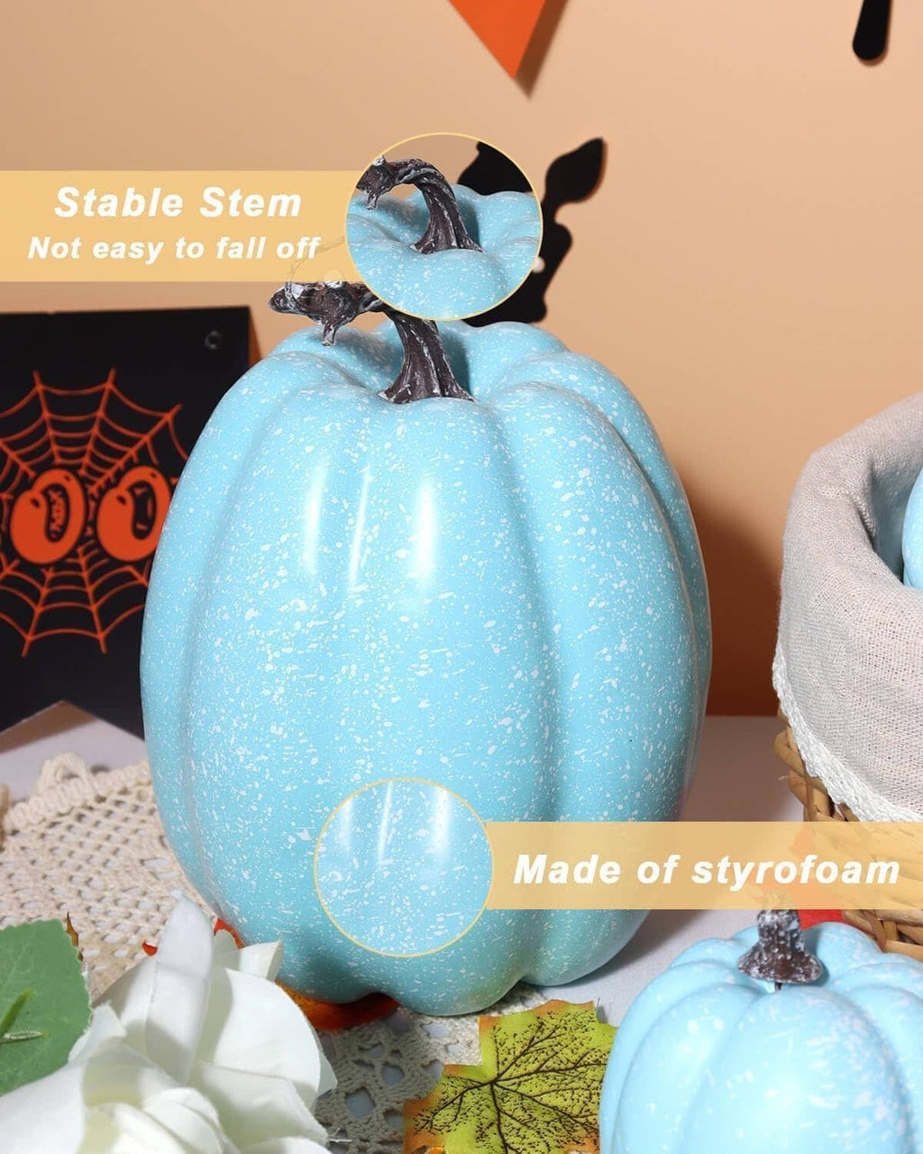 Large light blue plastic pumpkin with curled stem and speckled texture