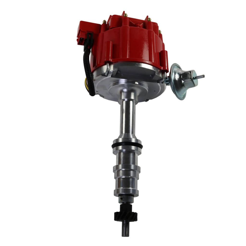 Red ignition distributor with central metal shaft, round base, and front vacuum canister