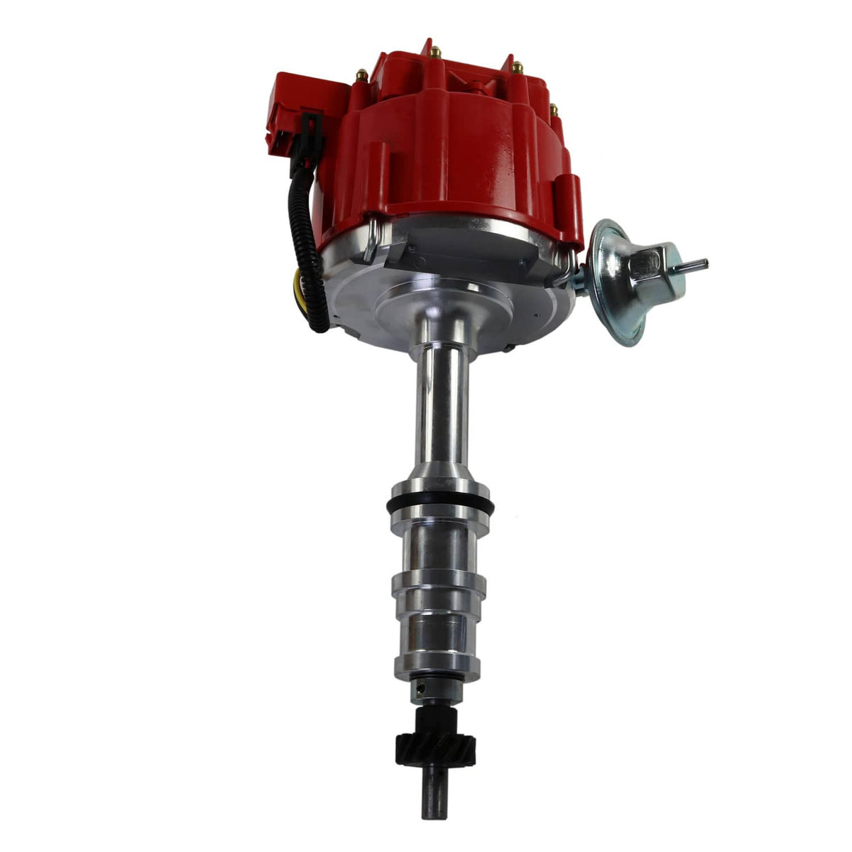 Red ignition distributor with central metal shaft, round base, and front vacuum canister