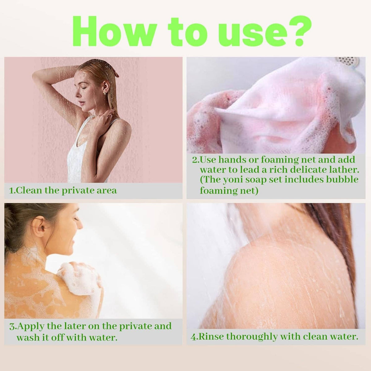 Feminine wash soap suds and rinsing steps shown on skin in a four-panel layout
