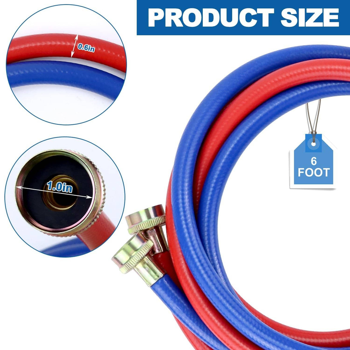 Blue and red washer hoses with brass threaded connectors, shown in curved length