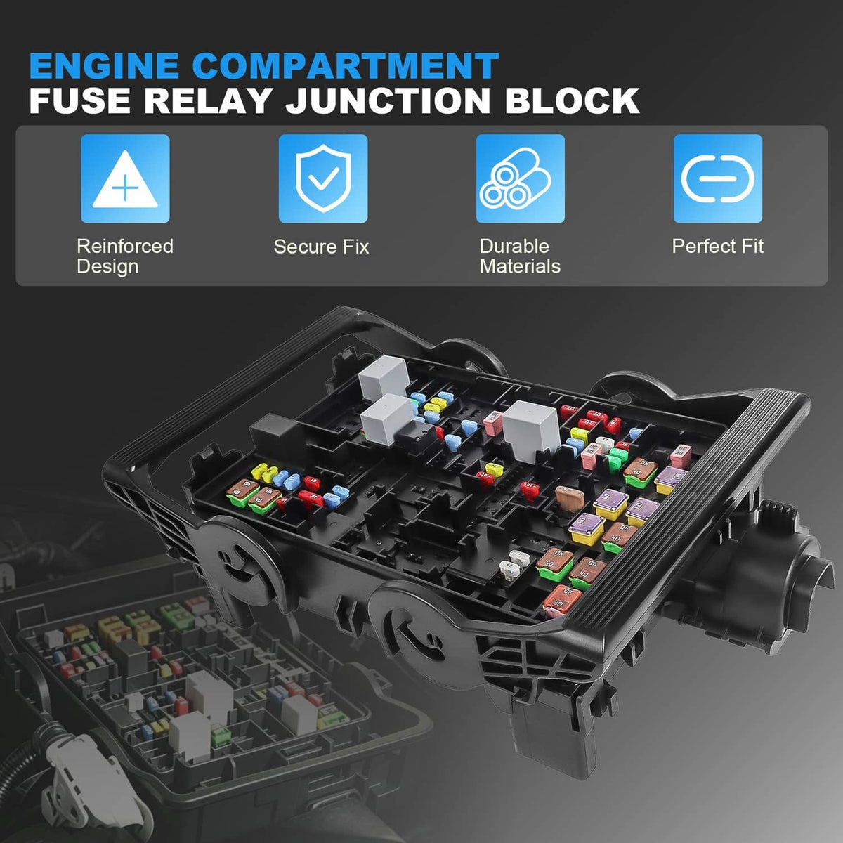 Black fuse relay junction block with grouped mini fuses and connector pins