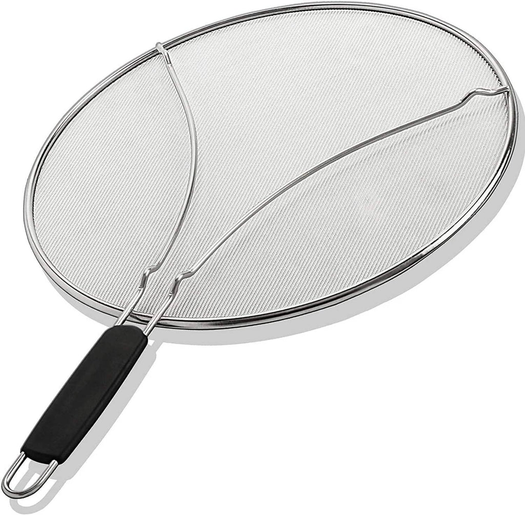 Stainless steel splatter screen with mesh round guard and black handle.