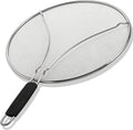 Stainless steel splatter screen with mesh round guard and black handle.