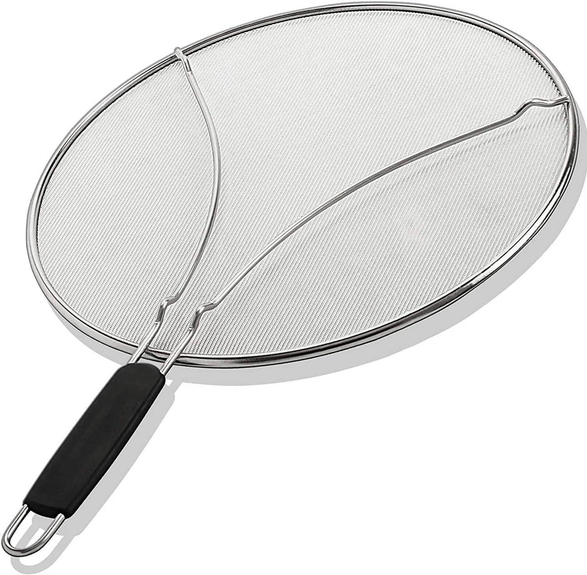 Stainless steel splatter screen with mesh round guard and black handle.