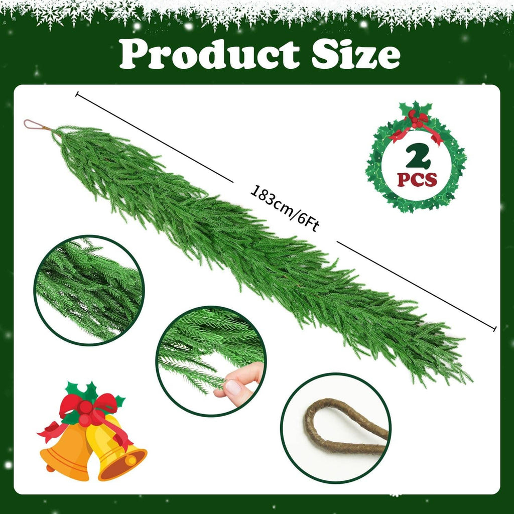 Green artificial pine garland strand with long trailing needles, laid out for size.