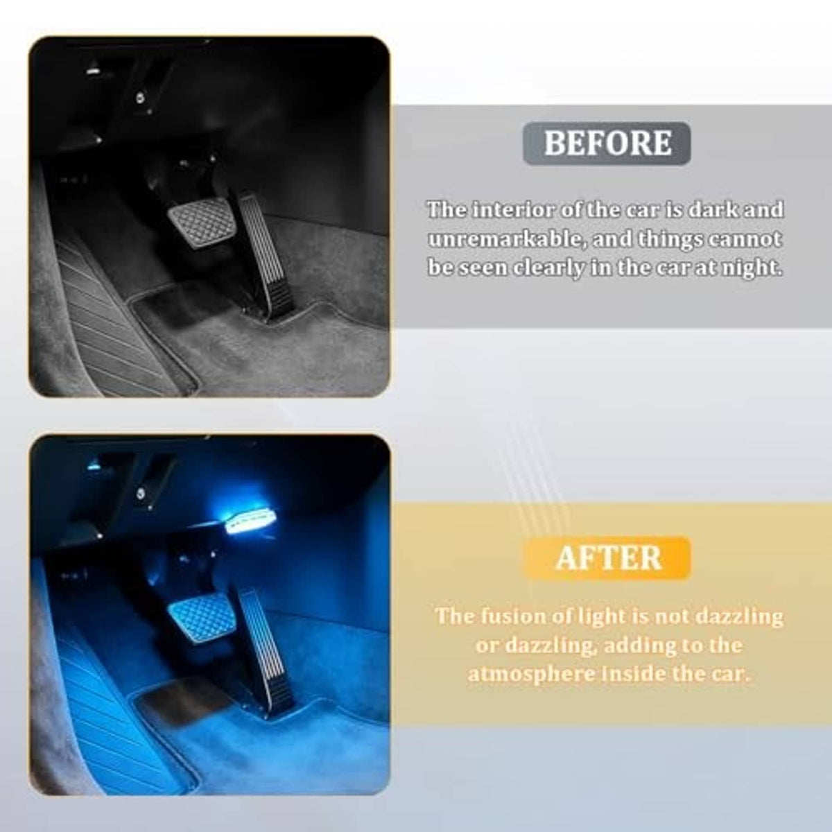 Magnetic LED car ambient lights with ice blue glow, clear rectangular modules (set)