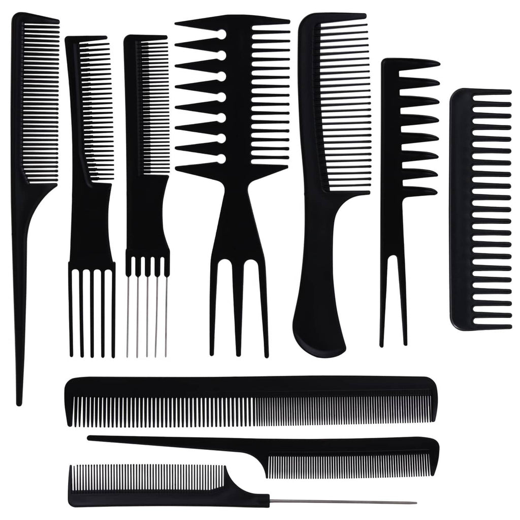 Black hair styling comb set with various teeth widths, 10-piece assortment