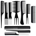 Black hair styling comb set with various teeth widths, 10-piece assortment