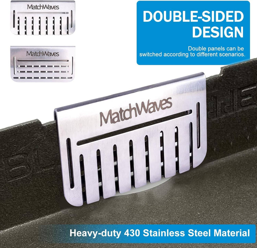 Stainless steel grease blocker with double-sided slotted mesh design on a griddle