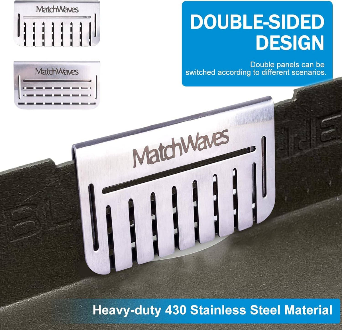 Stainless steel grease blocker with double-sided slotted mesh design on a griddle
