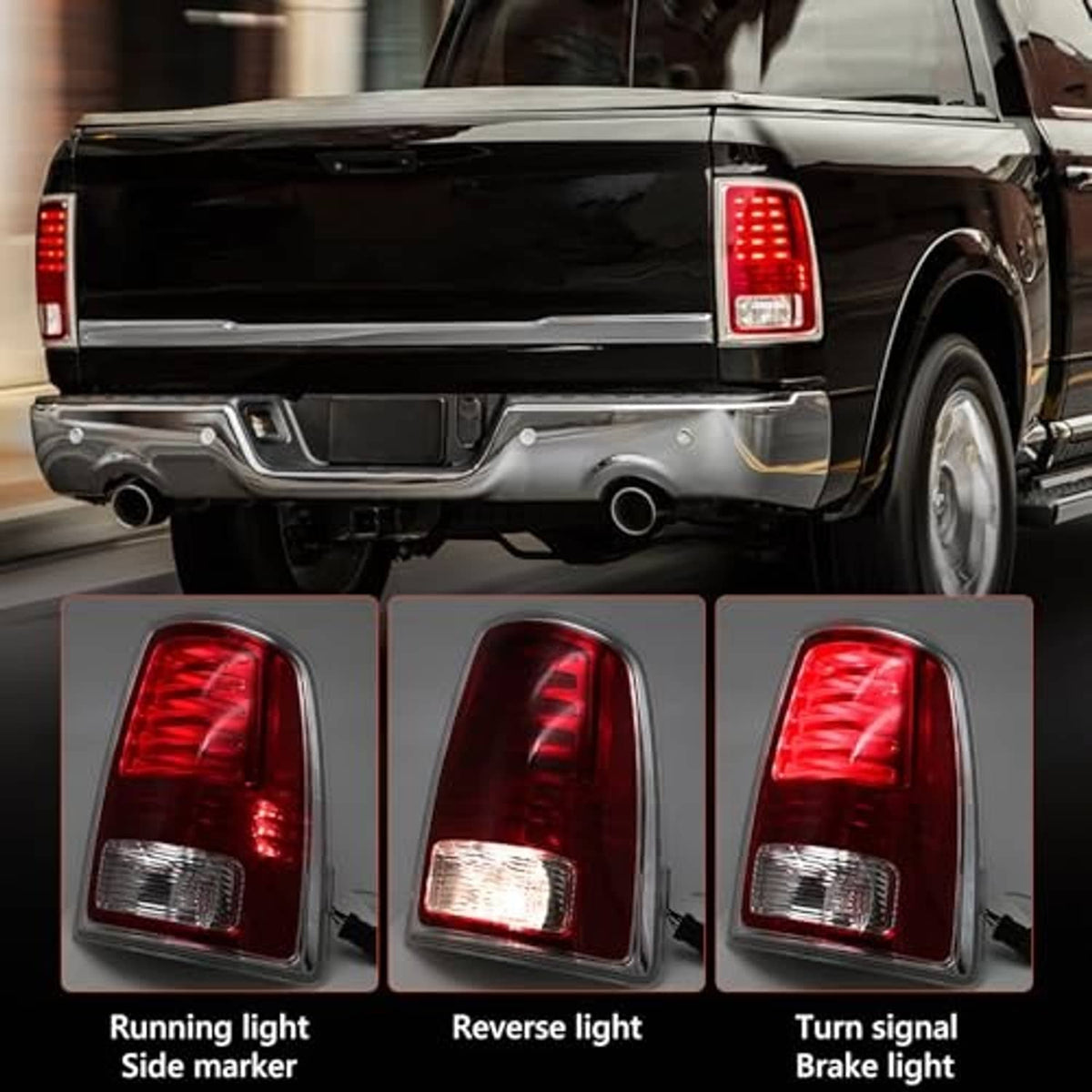 Tail light assembly with red lenses for running, brake, turn, and side marker.