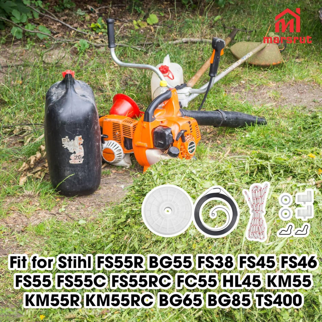 Recoil starter pulley spring assembly parts laid out with grass trimmer accessory fitment