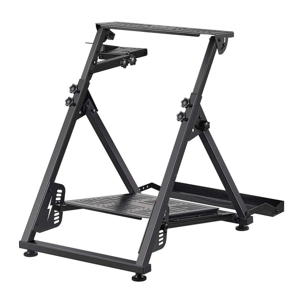 Black racing steering wheel stand with platform base and pedal support brackets