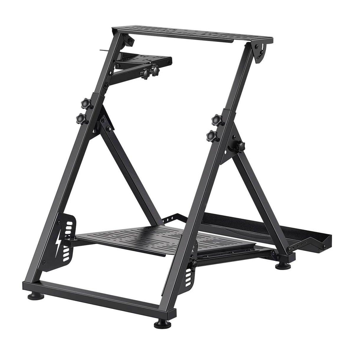 Black racing steering wheel stand with platform base and pedal support brackets