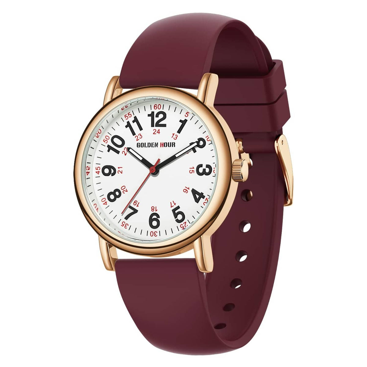 Waterproof nurse watch with wine-red silicone strap and rose-gold case, round dial