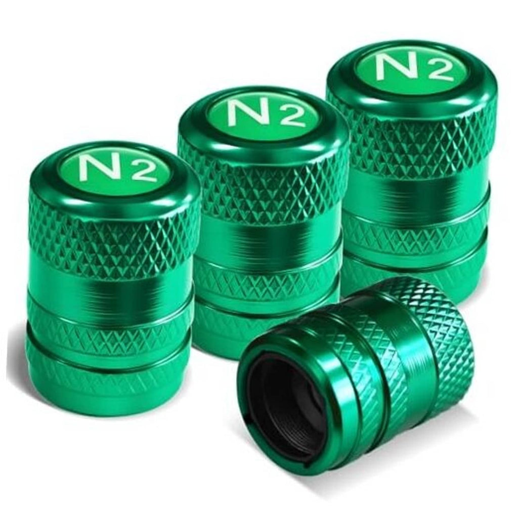 Set of green aluminum tire valve stem caps with N2 logo, textured diamond grip sides.