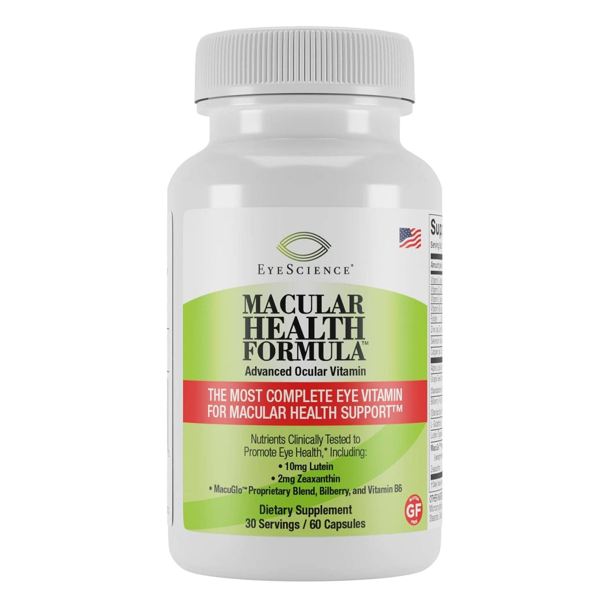 Macular Health Formula dietary supplement bottle with green label and white cap