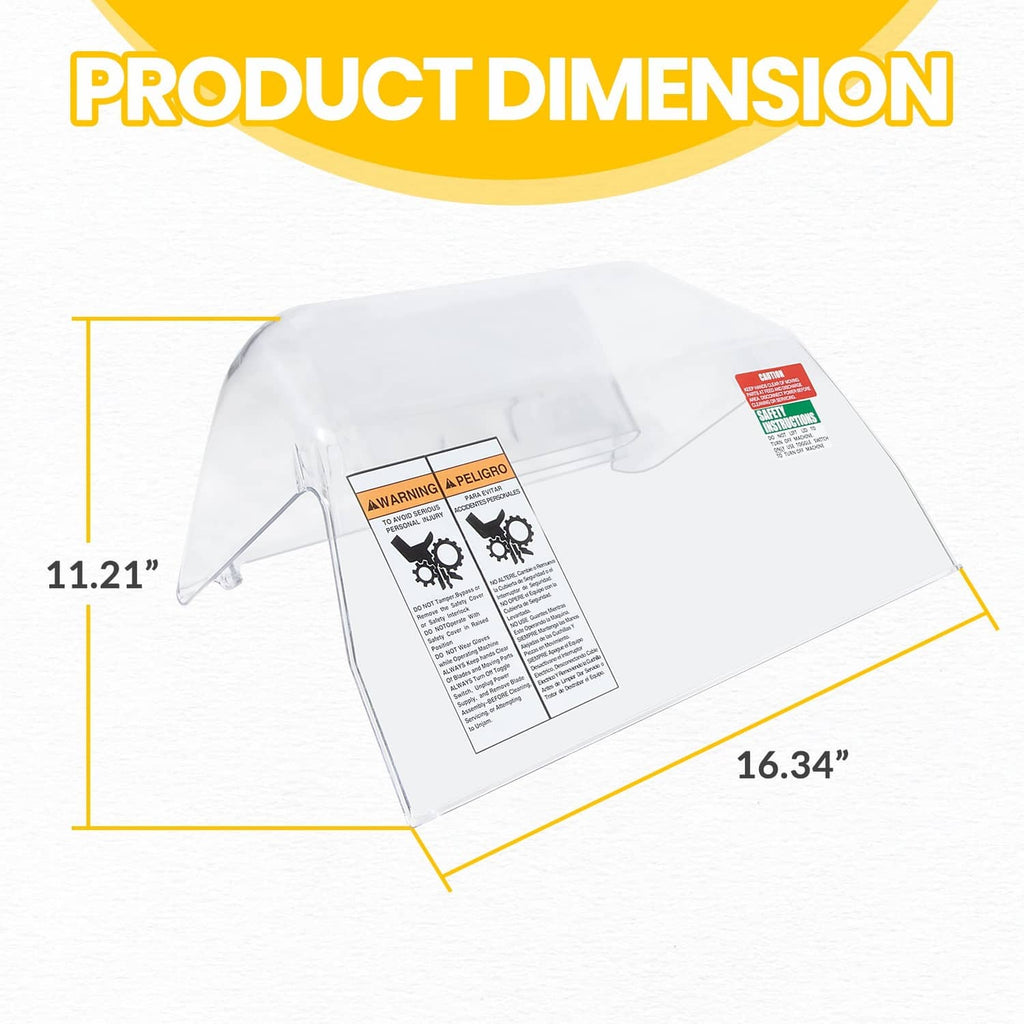 Clear plastic safety cover with size dimensions, transparent hood and side supports.