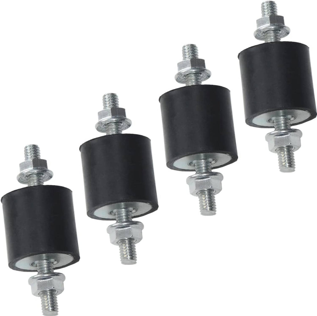 Rubber vibration isolator mounts set of four, black cylinders with silver threaded bolts