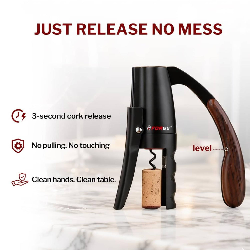 Black lever wine opener with cork release and dark wood grip