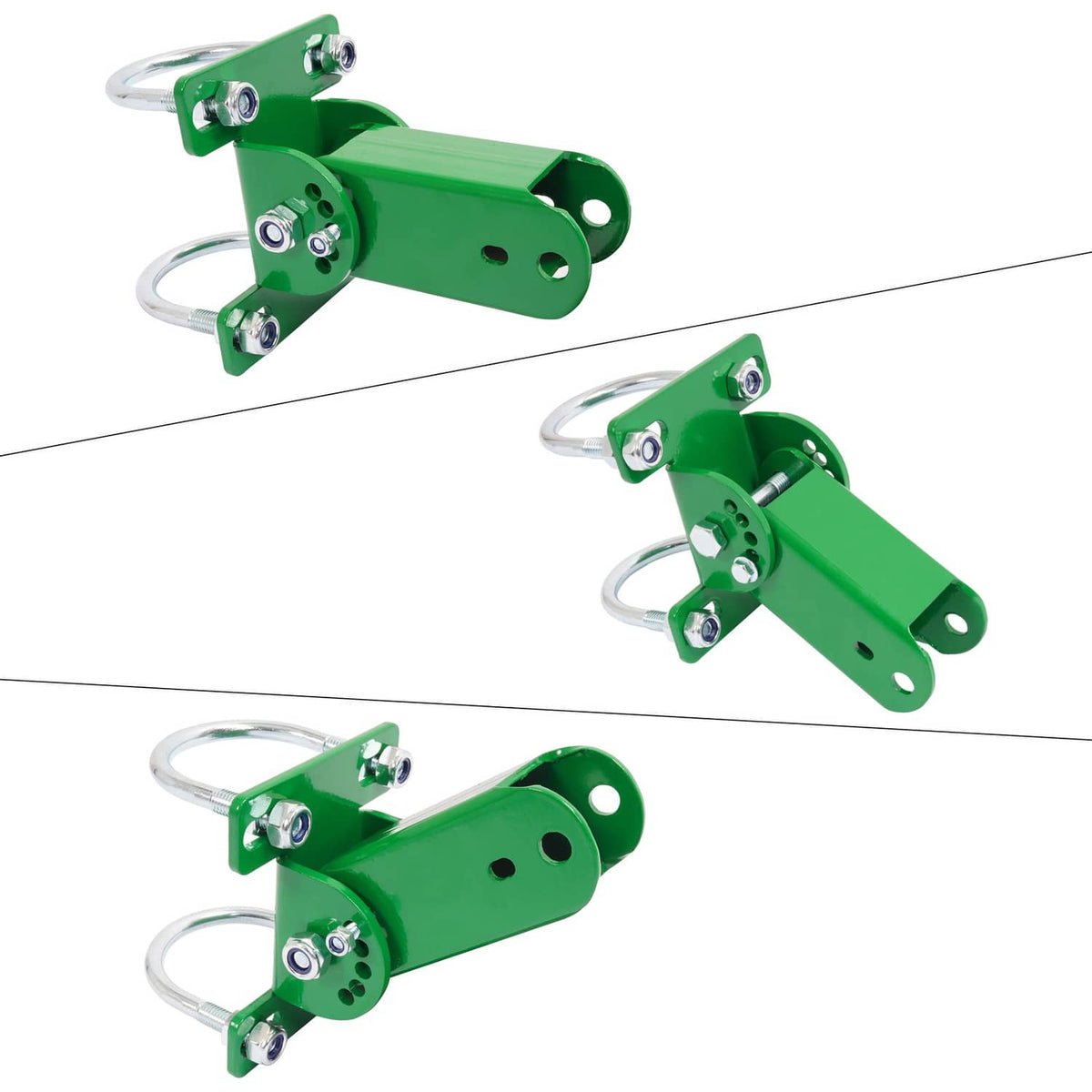 Green trimmer holder rack mounts with U-shaped grips and metal mounting plates