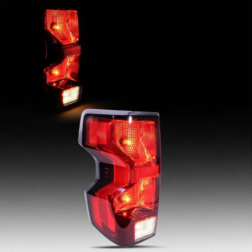 Left tail light close-up with lit red sections and white reverse bulb