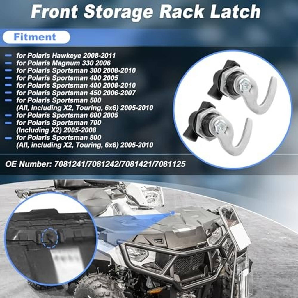 Front storage rack latch with two silver hooks and black lock handles