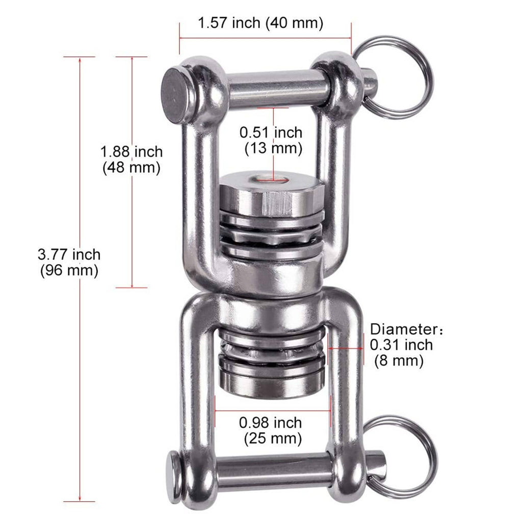 Stainless steel hammock hanger size diagram with dual rings and rotating bearing