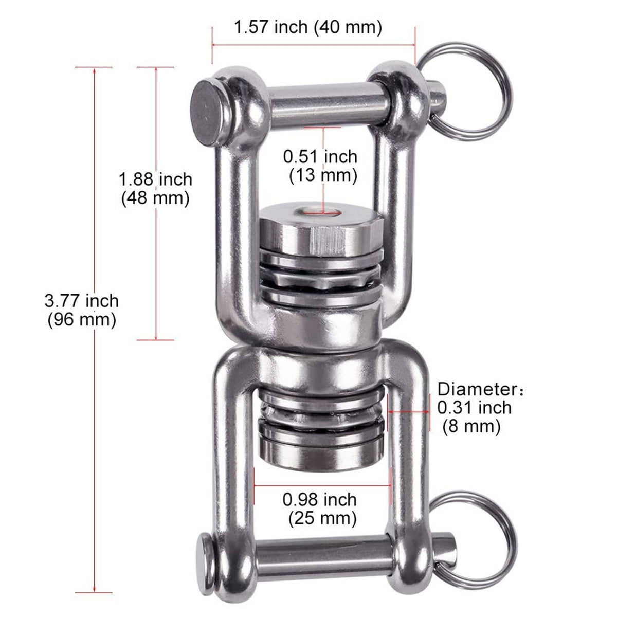 Stainless steel hammock hanger size diagram with dual rings and rotating bearing
