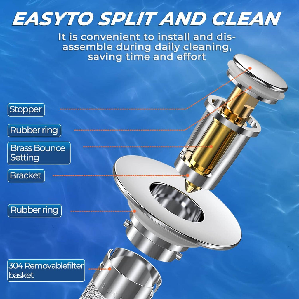 Bathroom sink drain strainer with chrome pop-up cap, brass insert, and removable mesh basket