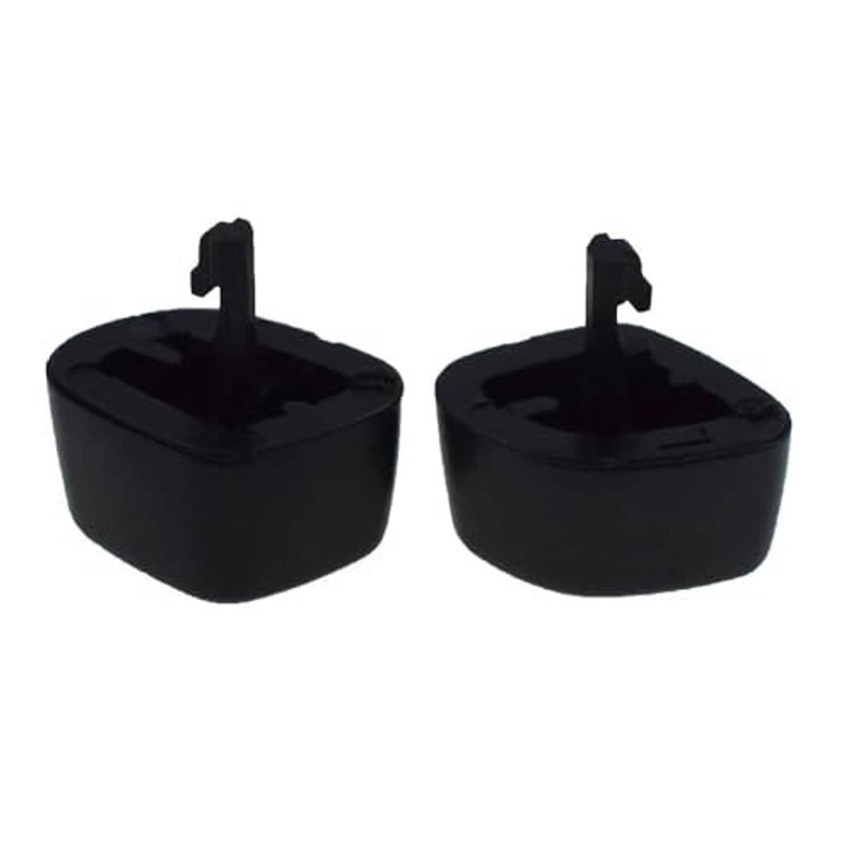Black headrest adjust switch button covers with raised hinge tabs, pair