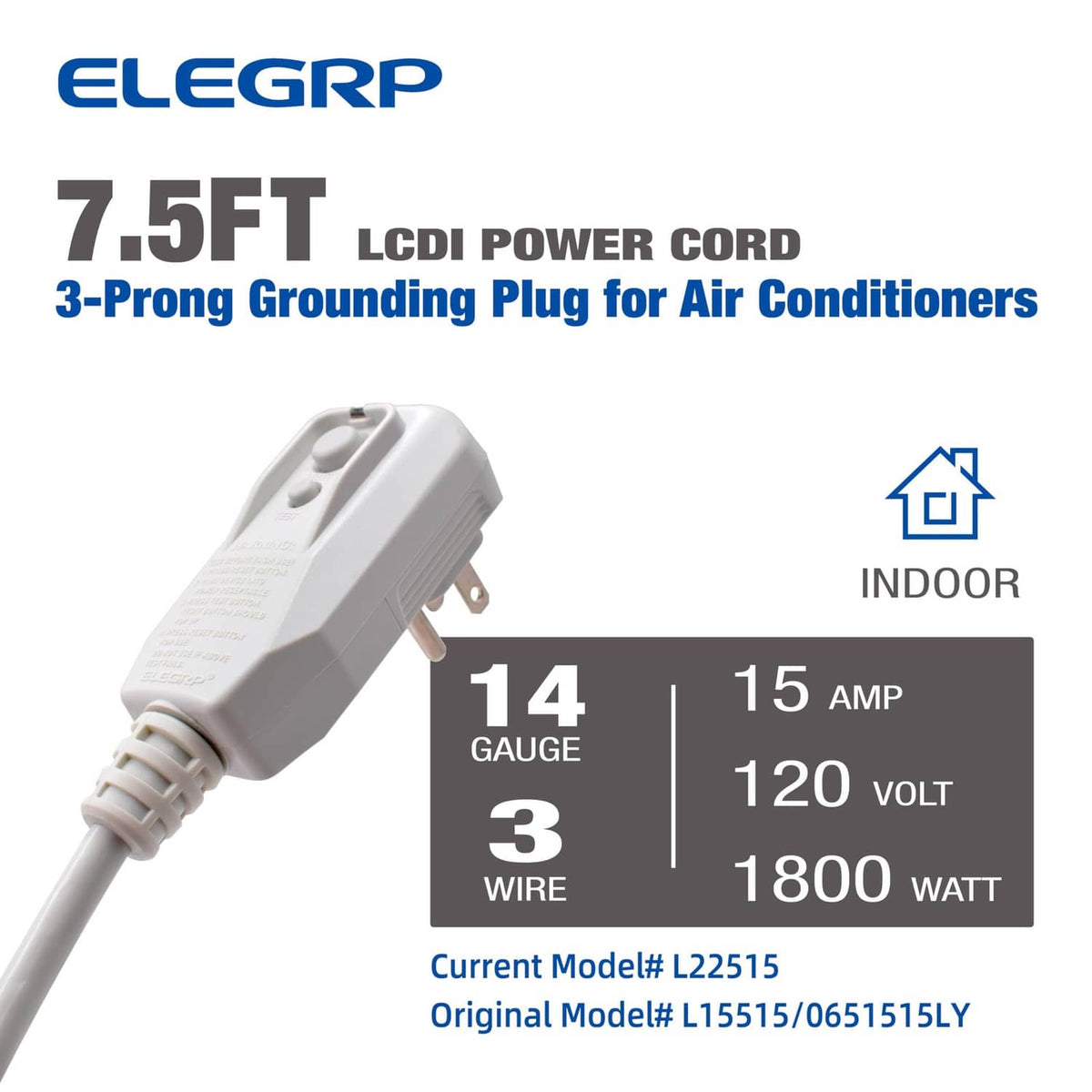 White 3-prong grounding plug for air conditioner with LCDI power cord
